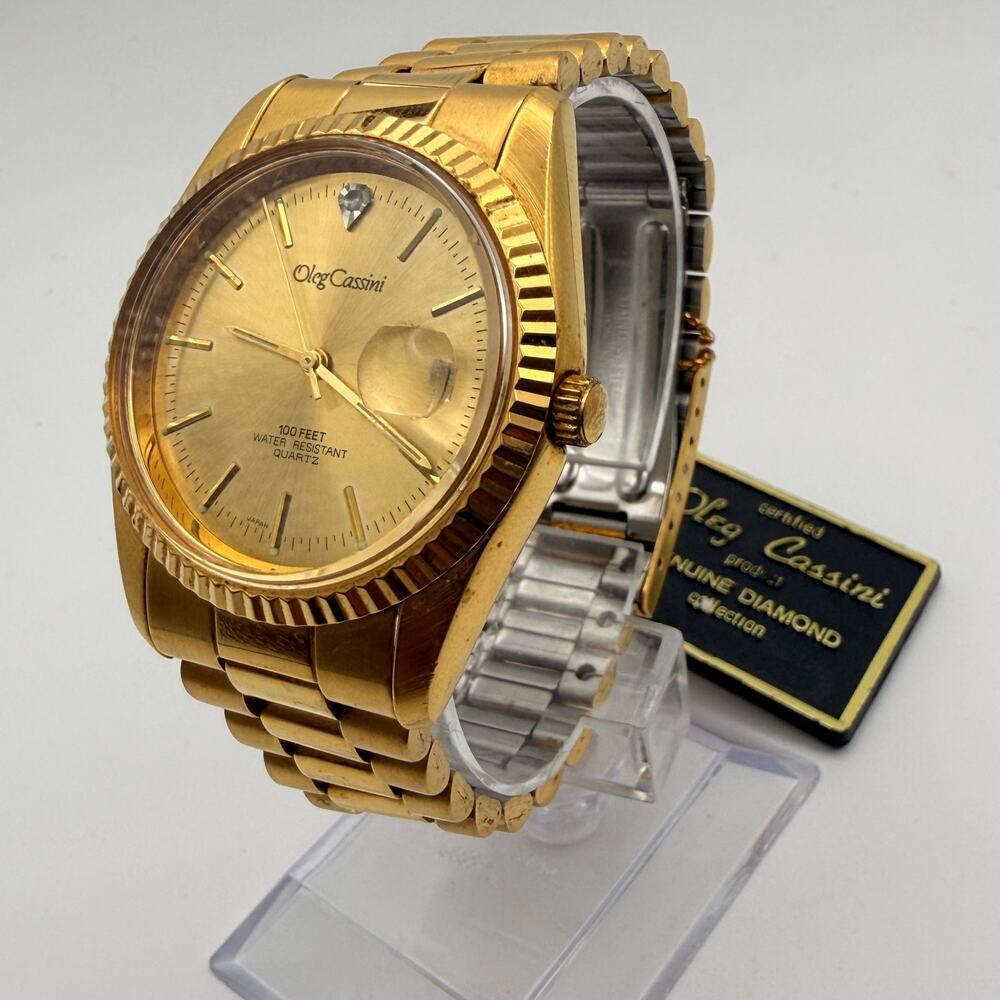 Elegant Oleg Cassini 'Presidential' Gold-Tone Diamond Watch Working with Tag